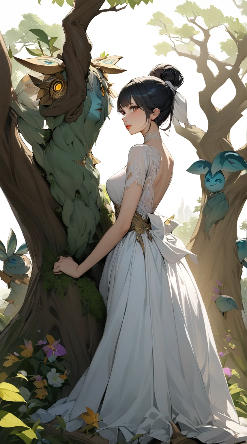 ((RAW Photos)), ((masterpiece)), (Tree Spirit,young woman in a dress,One person:1.3), (Figure up to the waist:1.2),Intricate details, View your viewers, beautiful, Fine eyes and lips,White background,Fantasy,Perfect Face, (1 girl,White background:1.3),Big shiny clear golden eyes,Long black hair tied up,Fantasy,beautiful表情,Detailed facial expressions,Bust Emphasis