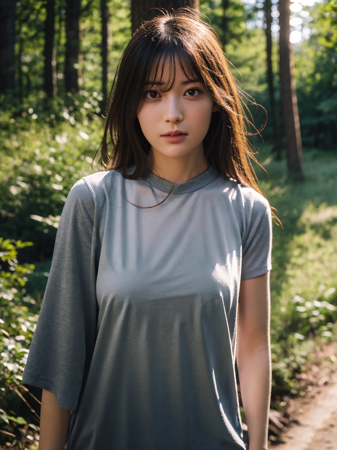 RAW photo, subject,1girl,standing,forest,tree,upper body, sunlight,(bokeh:1.2),arms behind back,