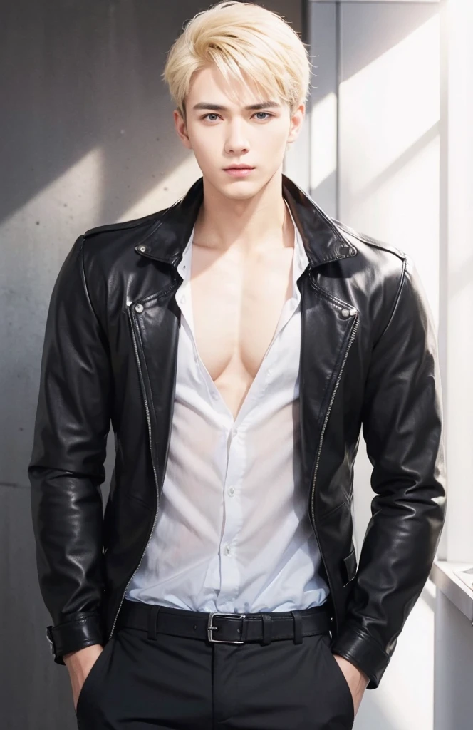 at office,wearing black leather jacket,two block haircut, Attractive man,Live-action photo,Handsome and sunny,(SLR effect,Reality,8K,Hyper-detailing,Absolute realism)