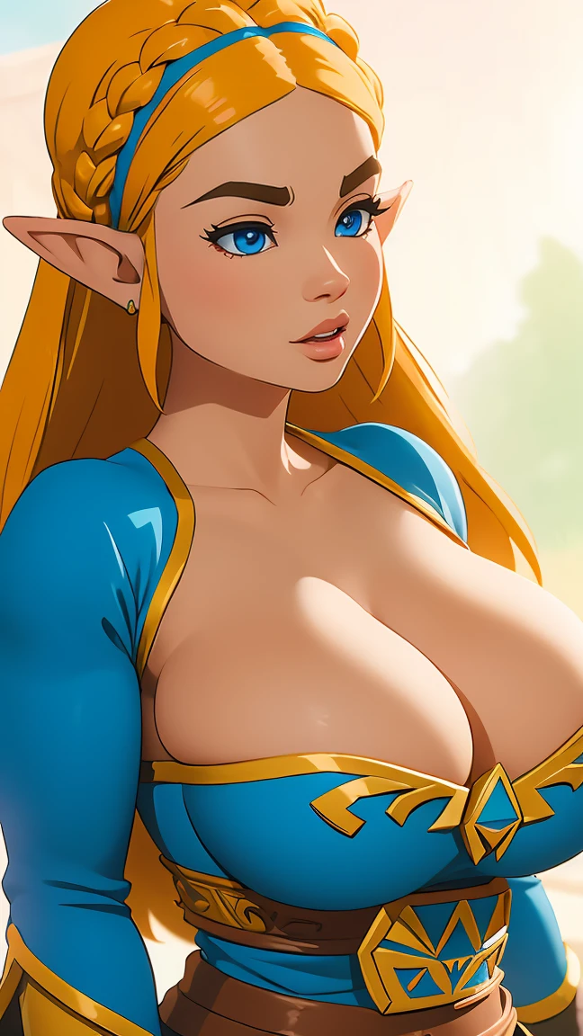 ((masterpiece)), ((best quality)), (detailed), perfect, solo, zelda, gorgeous woman, luscious lips, long hair, huge breast, deep cleavage, huge breasts, sexy, Zelda like a busty pornstar