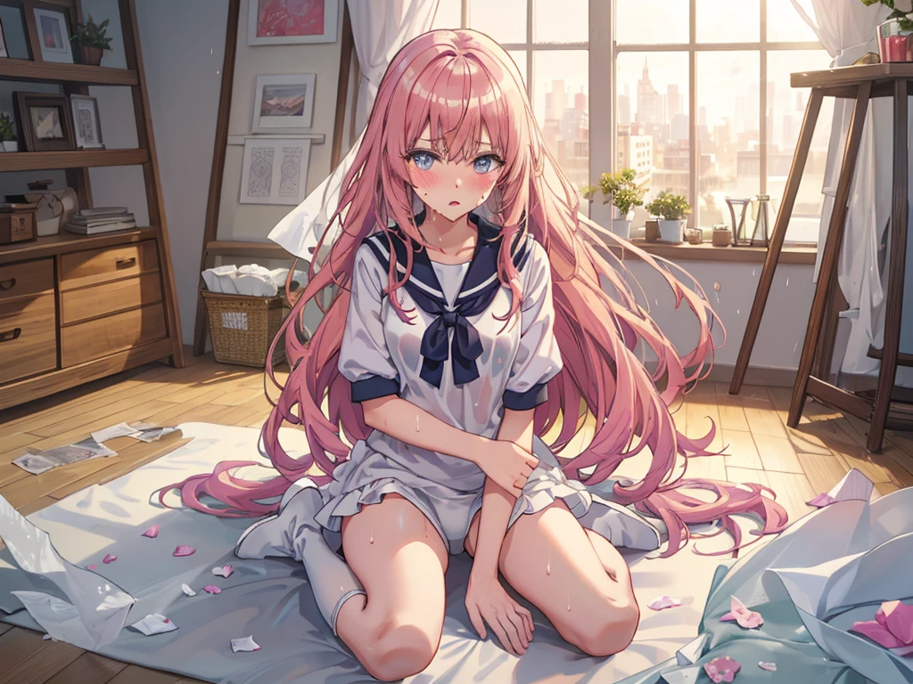 ((sketch)), ((Highest quality)) ((Highest quality)), ((masterpiece)), (detailed), High resolution, 非常にdetailedな, 4K images, Anime Style, The whole body is covered in oilで光沢感がある Cut tissue paper into small pieces, 小さくCrumpledティッシュペーパー, A small piece of tissue paper that fell to the ground, Torn、Crumpled, Excessive sweating on the face,Dripping sweat,Sitting on an old bed, Duvet with a light yellow stain Old gym mat ,Gymnasium Warehouse, There are lots of small rolls of tissue paper on the floor.. , Crumpledゴミがそこら中に散らばっている., とてもOld gym mat, Messy room, Dimly lit room Hardwood Floors Scattered small rolls of tissue paper Upper body sailor suit, Lower body swimsuit Inner swimwear Illustration Style Anime Style Small lips Face of shame Embarrassing beautiful girl Very cute clothes Cheeks pink Light purple hair Blonde long hair super curly hair Super long sideburns Rubber clothing hair band Pearl white silk tights that become transparent when wet White super long boots Big eyes Droopy eyes anger blush Shocking Pink Rouge Sweating profusely A small roll of tissue paper The whole body is wet from rain Mucus clings to the whole body Steam coming out of the whole body Steam rises across the screen. white breath Haa The whole body is covered in oil evening Overall orange background Sunset sunshine