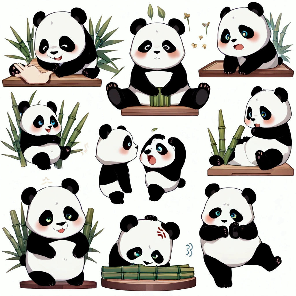 List of cute panda emoticons,cartoon animals,Wearing a green bamboo leaf on the head,Hands on hips,Short legs, (((List of exaggerated action emoticons,Having a hand pat on the head、hapiness、anger、sad、naughty、Various expressions and postures such as shyness))) , (((Detailed panda animal portrait table、Front view、side view、three quarter view))) (((White background))),masterpiece,Extreme details,8K resolution,panoramic,Depth of Field