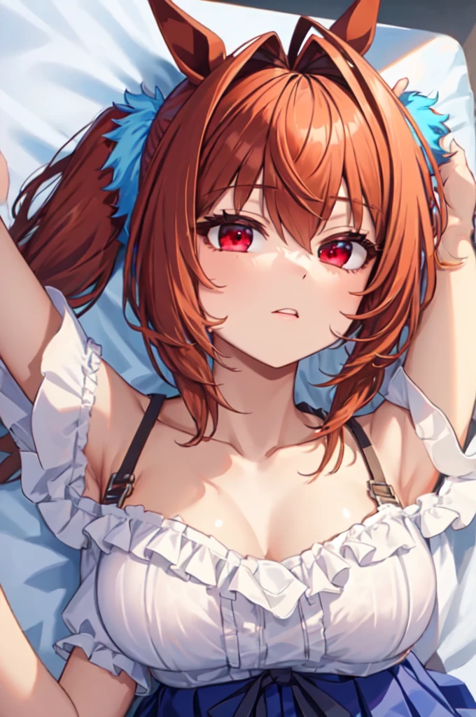 masterpiece, best quality, best aesthetic, ultra-detailed, pov, female pov, FPOV, cowgirl position, from above, lying, on back, daiwa scarlet \(umamusume\), puffy short sleeves, bare shoulders, off-shoulder shirt, collarbone, white shirt, frills, blue skirt, plaid skirt, pleated skirt, 