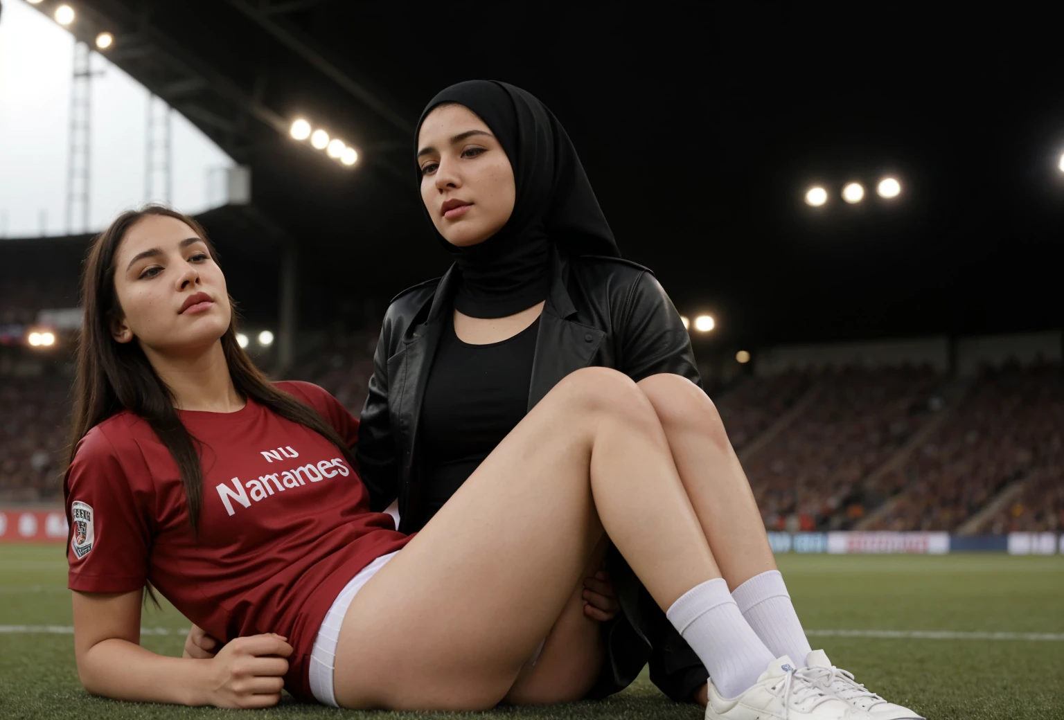 a strict muslim woman carries a man, orthodox muslima carries the wounded man's body in her hands, muslima grabs his legs and his body with her hands, the man in muslima's arms is visibly in pain, stadium atmosphere, the bearded man is lying consciousless in Andrea's arms with one arm hanging down, A scene at a soccer stadium, a bearded man lying in a caring women's arms, lying helpless in her arms with his head dangling down, he has one arm dangling down while being carried in the women's arms, There is an attractive and heavily made-up woman in a long black leather coat, A pretty woman in a shiny black leather coat on a soccer field, A wonderful woman is holding a passed out man, A man in matt and roughened sportswear is held diagonal in her arms, a man in a woman's arms and lets one arm dangling down, we see the man held in front of the woman's body, the man is cradled in the woman's arm while being carried, the beautiful woman is exceptionally heavily made up and has an extremely desperate and very angry expression on her face, high-resolution photo, realistic sports photo, soccer scene, woman in black shiny long leather coat, injury scene, real photo, ultra realistic, high definition, sports photography