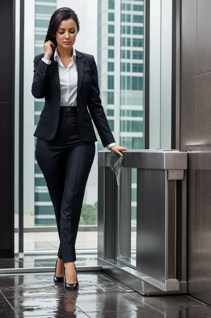 businesswoman corporation, pee herself, business pants soaked, igh heels soaked, floor soaked, blouse soaked