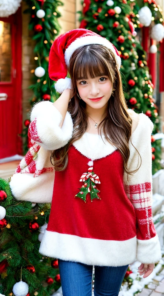 girl, y2k style outfit, 15 yl, brown fluffy hair with bangs, Emo Pin up Girl, Christmas chic outfit, Striking a pose, natural make up, skinny Christmas chic, fluffy hair, midshot, Christmas atmosphere, lively Christmas atmosphere, centered image, good girl, innocent girl, skinny girl, young girl, Christmas chic and preppy concept, detailed background