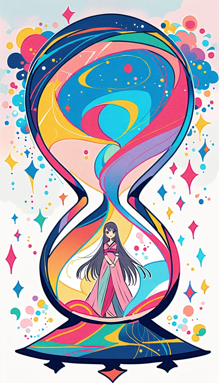 white background, Fujichoco style, pink kimono, (((The Most Beautiful Girl))), gray hair, shining pupils, ((giant hourglass)), vivid colors, white background, simple background, Simple line initialism, 8k,