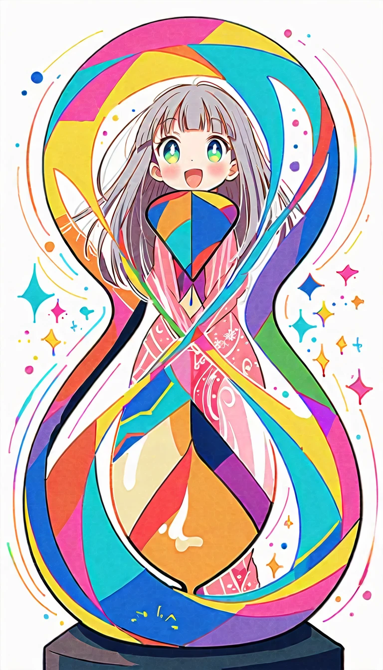 white background, Fujichoco style, pink kimono, (((The Most Beautiful Girl))), gray hair, shining pupils, ((giant hourglass)), vivid colors, white background, simple background, Simple line initialism, 8k,