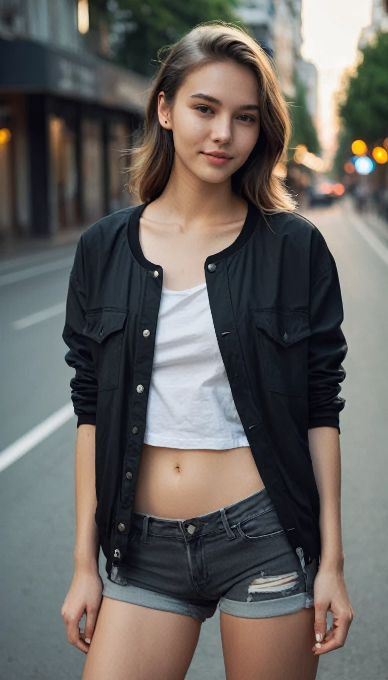 photography of a 20yo beautiful woman, seductive facial expressions, masterpiece, loose tshirt, tight black shorts, jacket, photorealistic, analog, realism, 4k, good lightning, perfect fingers, seductive smile