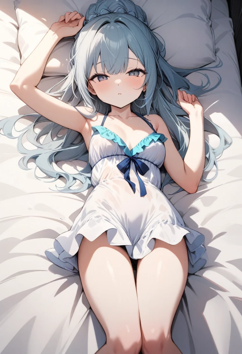 high quality, 最high quality、 Stylish design, (((The cutest girl))), ((Thin legs))、(((最high quality))), High resolution, ((detailed)), ((masterpiece)), ((Super detailed)), 、(Inner color hairstyle）、((Poses that emphasize the breasts)),((Lie on your back in bed)),((Sexy summer clothes)),((Sexual)),(((Shyness)))
