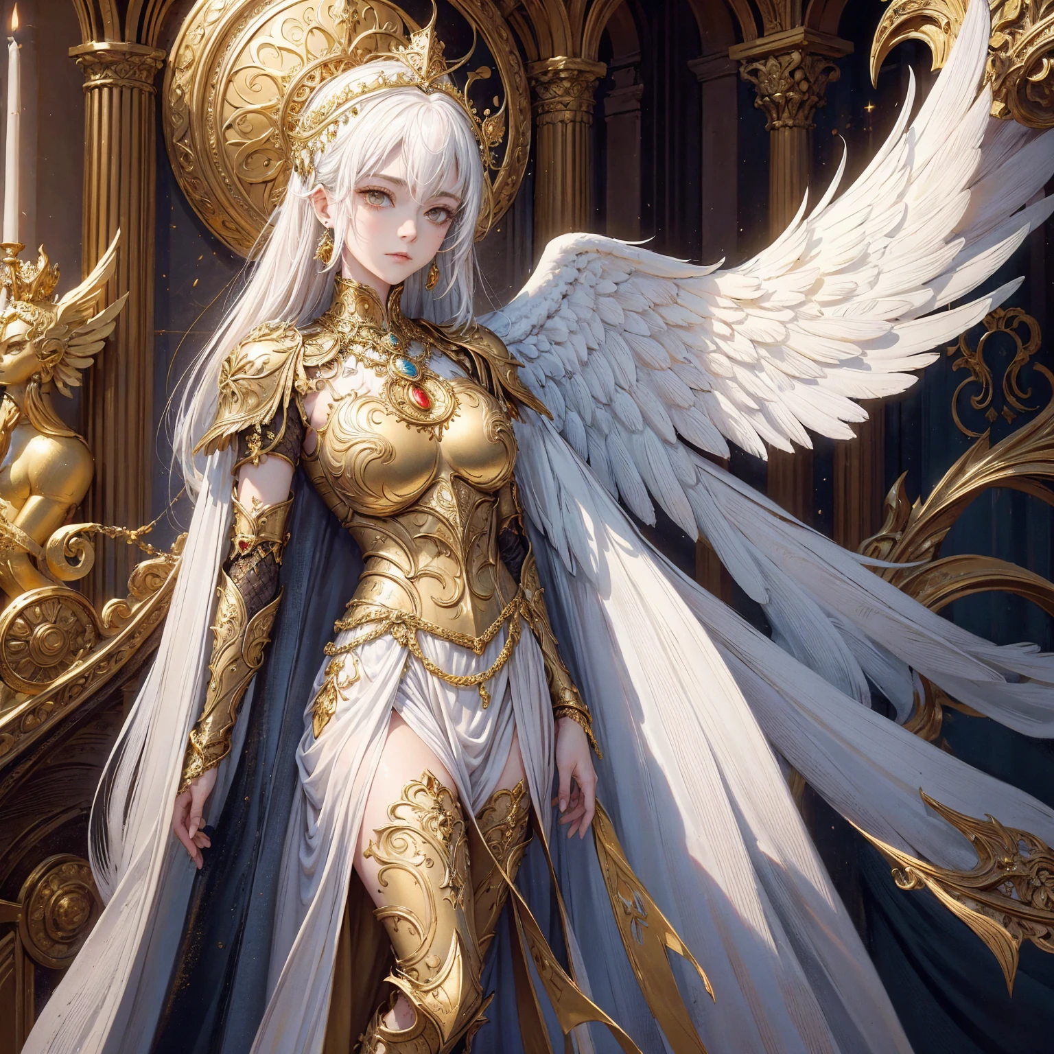 Art of woman wearing sun crown and ornate breastplate that exposes a small amount of skin above the chest, a pair of golden-armored angelic white wings spread out behind the woman, Magnificent golden long dress, ancient goddess art, Sacredness. Very detailed, Mysterious inspiration, Inspiration from the Sun God, Religious inspiration, Cold and snobbish face, Dangerous expressions, Sophisticated face, Not smiling, White hair, Standing, Full body portrait, Gothic art style, Weird art style, Occult art