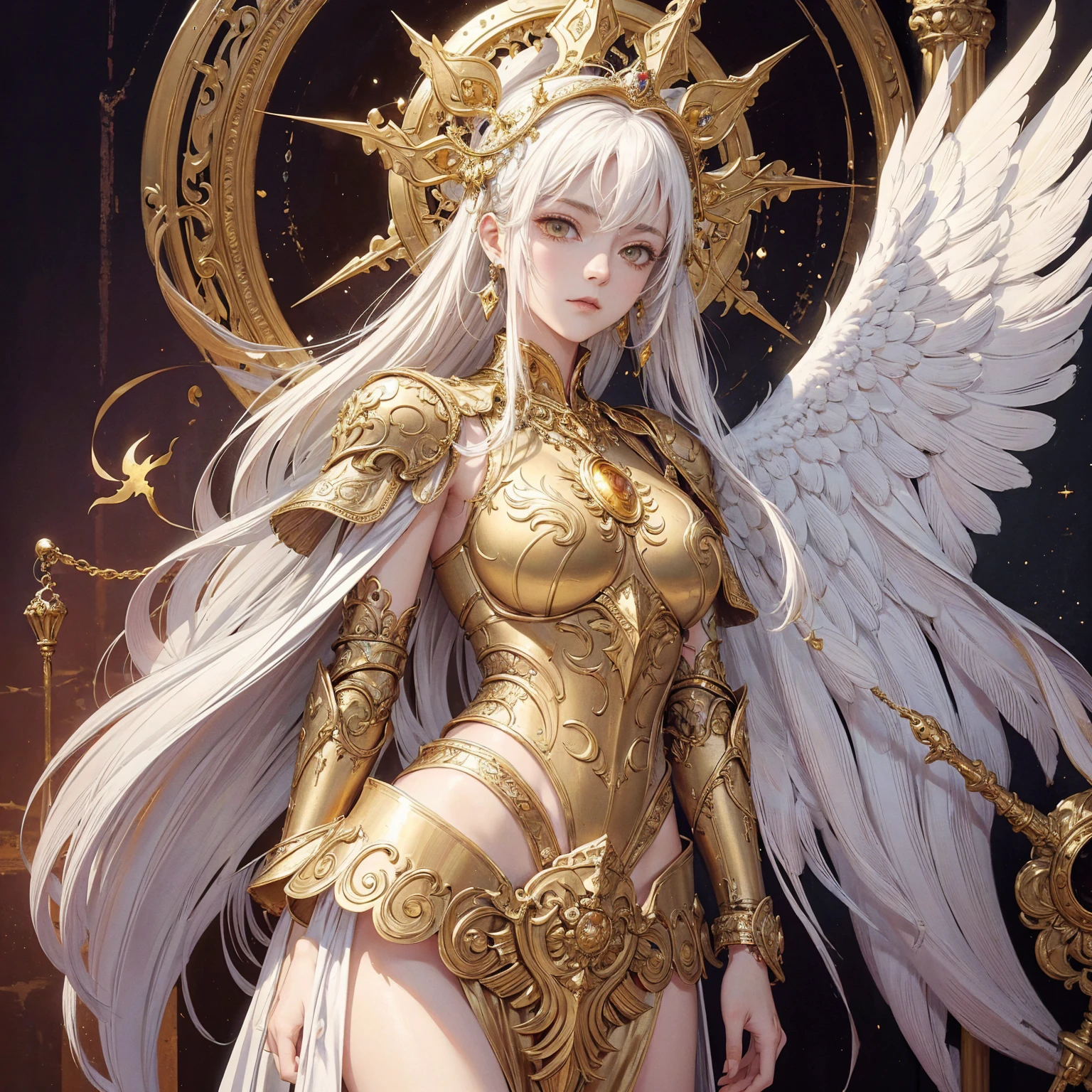 Art of woman wearing sun crown and ornate breastplate that exposes a small amount of skin above the chest, a pair of golden-armored angelic white wings spread out behind the woman, Magnificent golden long dress, ancient goddess art, Sacredness. Very detailed, Mysterious inspiration, Inspiration from the Sun God, Religious inspiration, Cold and snobbish face, Dangerous expressions, Sophisticated face, Not smiling, White hair, Standing, Full body portrait, Gothic art style, Weird art style, Occult art