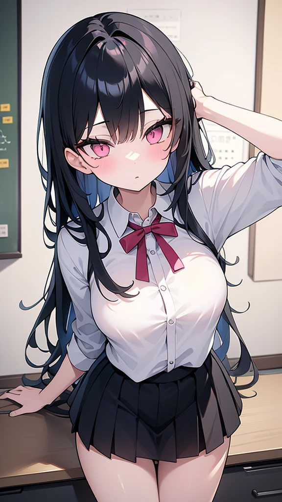 masterpiece, Highest quality, Black Hair, Pink Eyes,Female teacher's naughty private lessons、30-year-old female teacher、Big Breasts