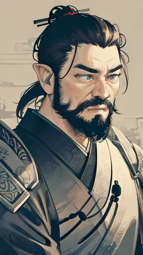 (((Monochrome)))、(((Ink Painting)))、Oriental、Ultra-high resolution、Game Poster、Crisp and beautiful image quality、beard、ancient chinese hairstyle male、Embroidered cloth wrapped around a topknot、whole body ,(Ancient Chinese armor, Dragon head on shoulder,(黒beard):1.2), (Ancient Chinese armor with intricate pattern:1.2), gloves, Long trousers, (Very detailed, bloom:1.5), (Highest quality, Concept Art, 4K), (analog:1.2), (high sharpness), (Detailed pupil:1.1), Detailed face and eyes, masterpiece, Highest quality,8k,  (Black Hair, Dynamic Short Hair), (PurerosFace_v1:0.2), [:(Detailed face:1.2):0.2], sharp, Realistic Shadow, 