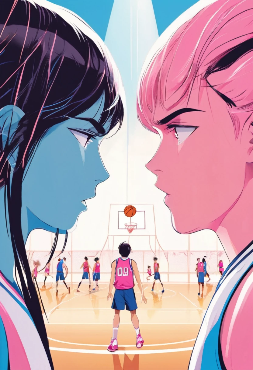 couple, A pair of lovers in basketball jerseys stare at each other with angry faces, the girl wears a pink jersey, the boy wears a blue jersey. vector style, manga style, digital art, by Marshall Arisman, cover illustration, 70mm, 7 0 mm, 70 mm, book cover illustration, by Brigette Barrager, album cover, novel cover art for a book, art concept for a book cover, cover art, 7 feet tall,