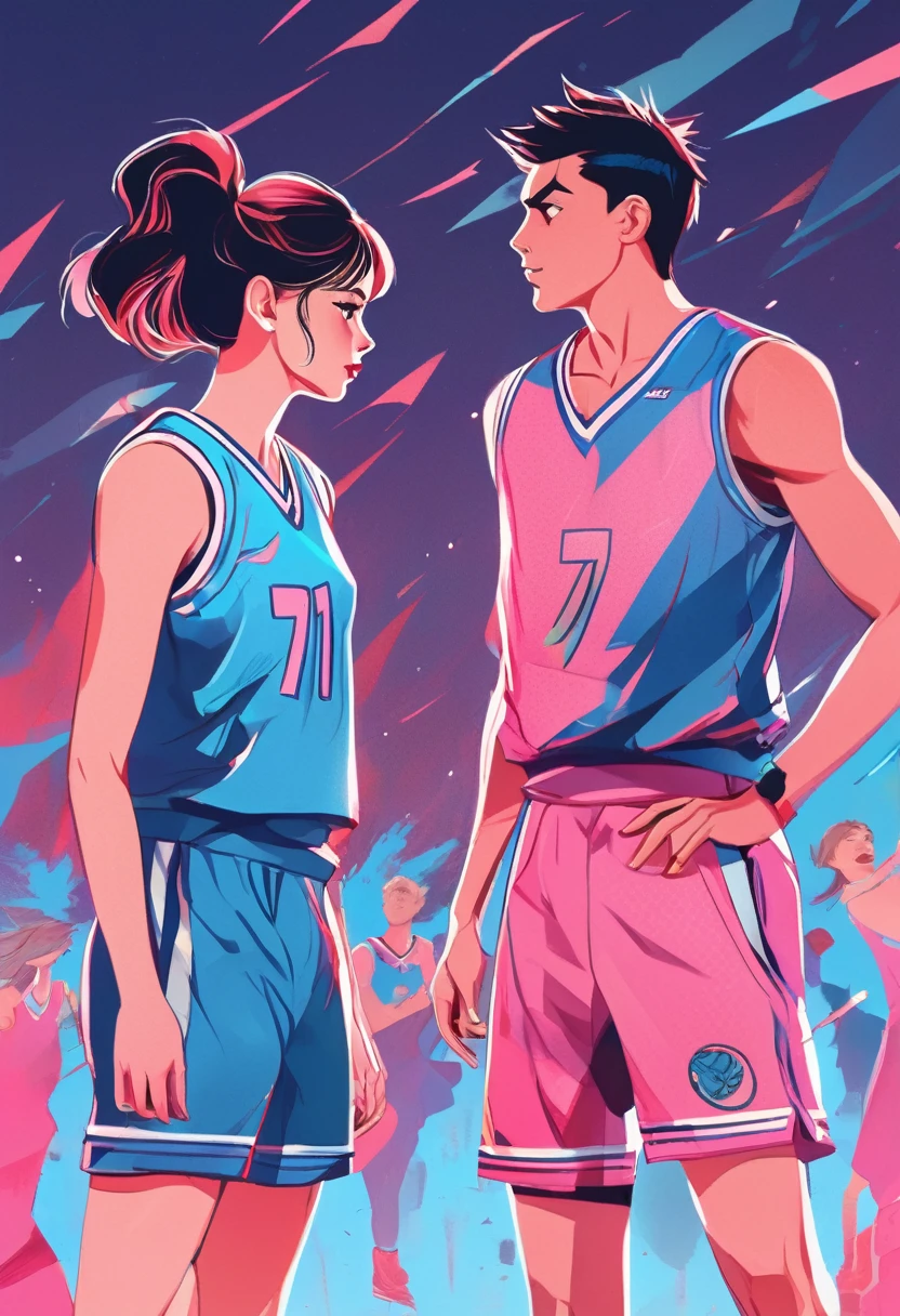 couple, A pair of lovers in basketball jerseys stare at each other with angry faces, the girl wears a pink jersey, the boy wears a blue jersey. vector style, manga style, digital art, by Marshall Arisman, cover illustration, 70mm, 7 0 mm, 70 mm, book cover illustration, by Brigette Barrager, album cover, novel cover art for a book, art concept for a book cover, cover art, 7 feet tall,