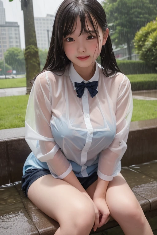 A 12-year-old elementary school student with big breasts is getting wet in the rain in the park、She is sitting with her tongue out, legs apart and blushing.。The eyes are facing upwards and drooling。He is wearing a transparent shirt but no underwear.。