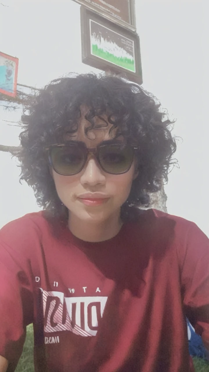 Young sits on the grass reading a book, long black curly hair, wearing glasses, delicate smile, bright brown eyes, looking up at the sky, lamp light, whole body, under a huge tree, farther view, a tent in the background, starry sky, illuminated night, photographic effect, 8k, super detailed, hyper realistic.