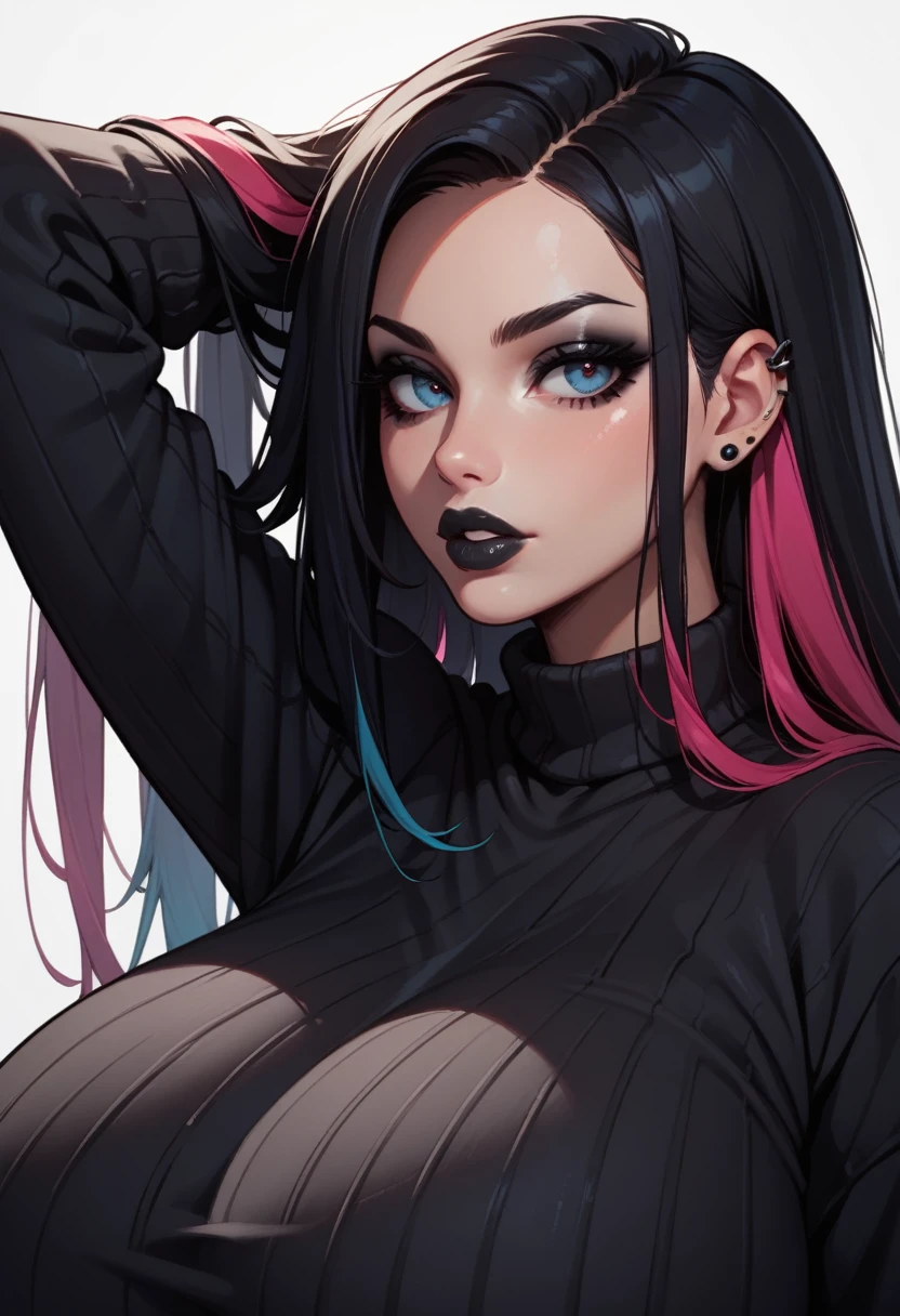 score_9, score_8_up, score_7_up, 1girl,solo, upper body,looking at viewer, white background, voluminous long hair, multicolored hair, makeup , parted lips, black lips, eyeliner, gothic, goth woman, gigantic breasts, sweater