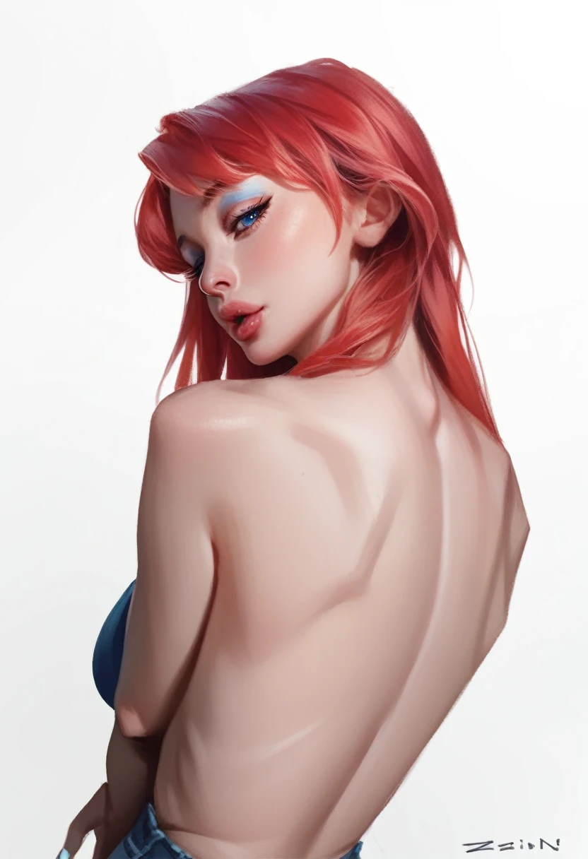 fuzzy, traditional art, Liu2, brush texture, check_9, check_8_up, check_7_up, 1 girl, Red hair, up to the shoulder blades, straight hair, long hair, Blue eyes, Plump lips, long eyelashes, half-closed eyes, adult, Beautiful make-up, Big breasts, blue eyeshadow, Looking at the viewer, break solo, standing, adult, skinny, high leg, arched back, hip gap, break (White background:1.2), simple background, dynamic pose, Dynamic angle, Corner shot,