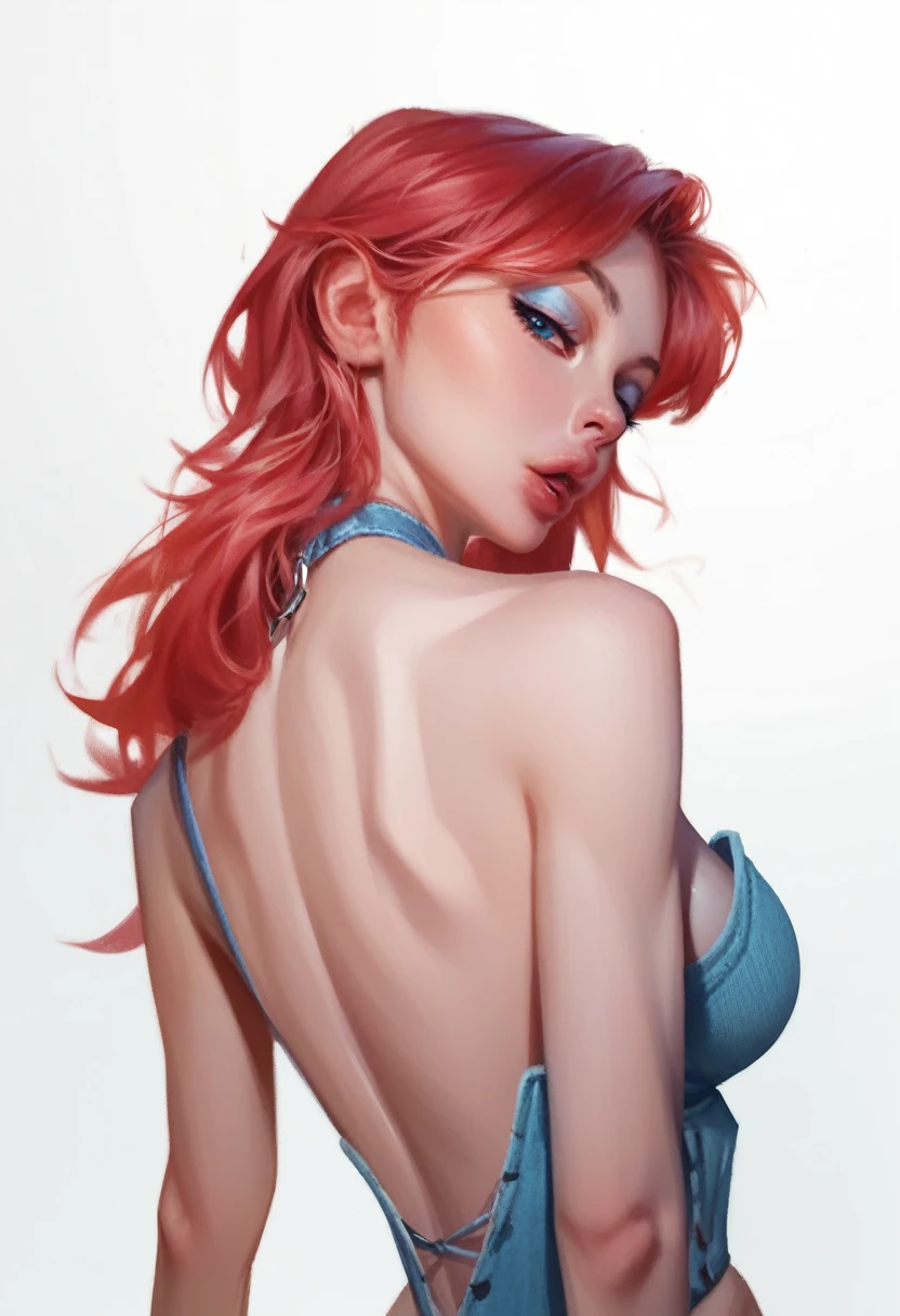 fuzzy, traditional art, brush texture, 1 girl, Red hair, up to the shoulder blades, straight hair, long hair, Blue eyes, Plump lips, long eyelashes, half-closed eyes, adult, Beautiful make-up, Big breasts, blue eyeshadow, Looking at the viewer, break solo, standing, adult, skinny, high leg, arched back, hip gap, break (White background:1.2), simple background, dynamic pose, Dynamic angle, Corner shot,