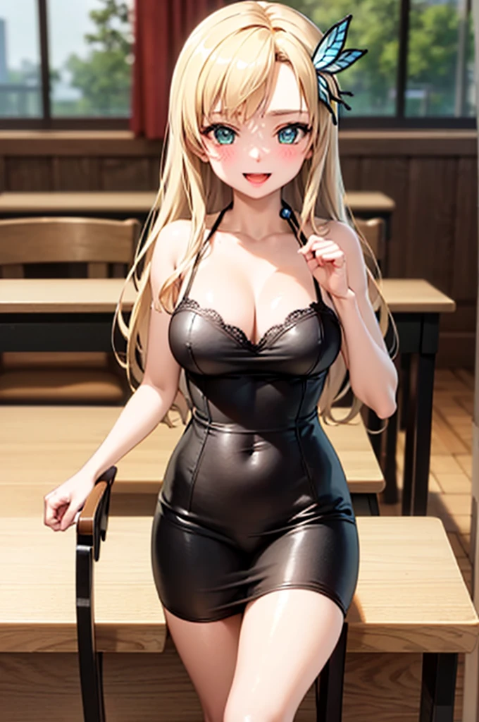 (Highest quality:1.1), (masterpiece:1.4), (Absurd:1.0), Portraiture, close, One girl, kashiwazaki sena, butterfly_hair_ornament, blonde_hair, long hair, , Large Breasts, View your viewers, classroom, Open_mouth, (blush:1.2), smile, Aqua Eye, High resolution, unity 8k wallpaper, (figure:0.8), (Beautiful attention to detail:1.6), Highly detailed face, Perfect lighting, Highly detailed CG, (Perfect hands, Perfect Anatomy), , (3D Face:1.1), (Shiny skin:1.5), (超High resolution intricate face details), (Facial skin pores:1.3), 超High resolution cloth texture, 大きなsmile, Showing off her perfect legs