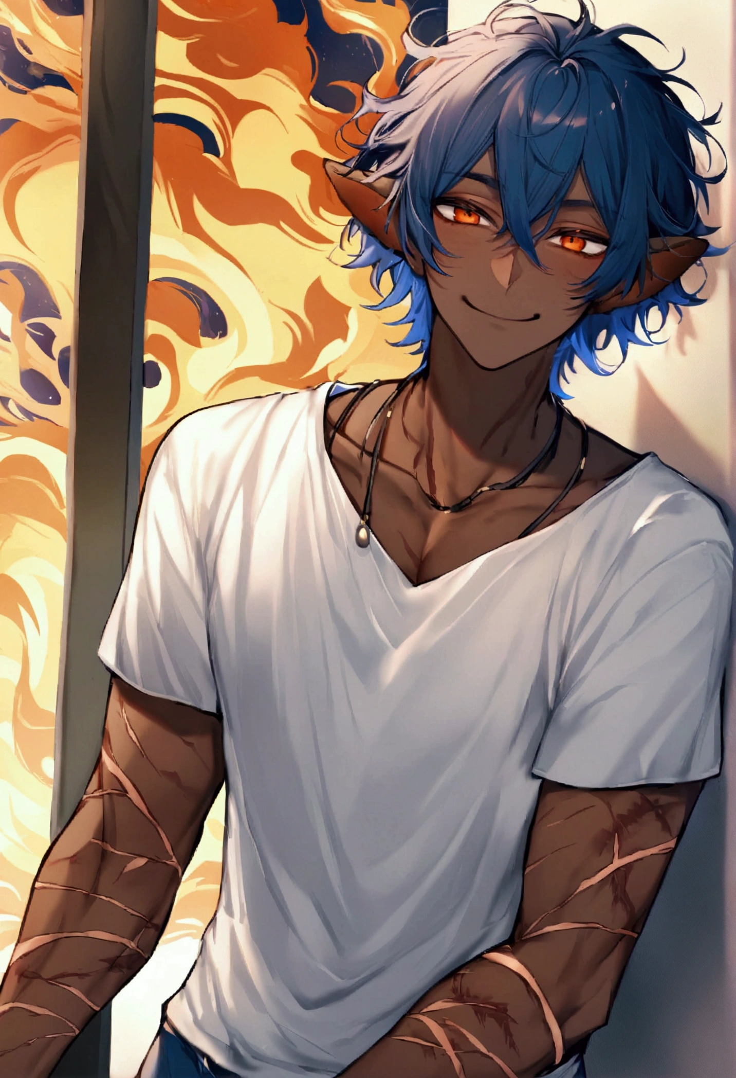 male, boy, brown skin, navy blue hair, messy hair, orange eyes, scars all over his body, Yagimimi, has droopy dog ears, casual clothes, smiling