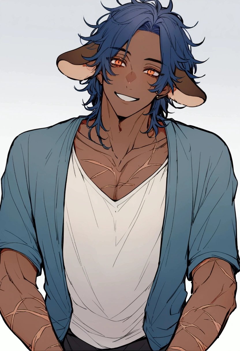 male, boy, brown skin, navy blue hair, messy hair, orange eyes, scars all over his body, Yagimimi, has droopy dog ears, casual clothes, smiling