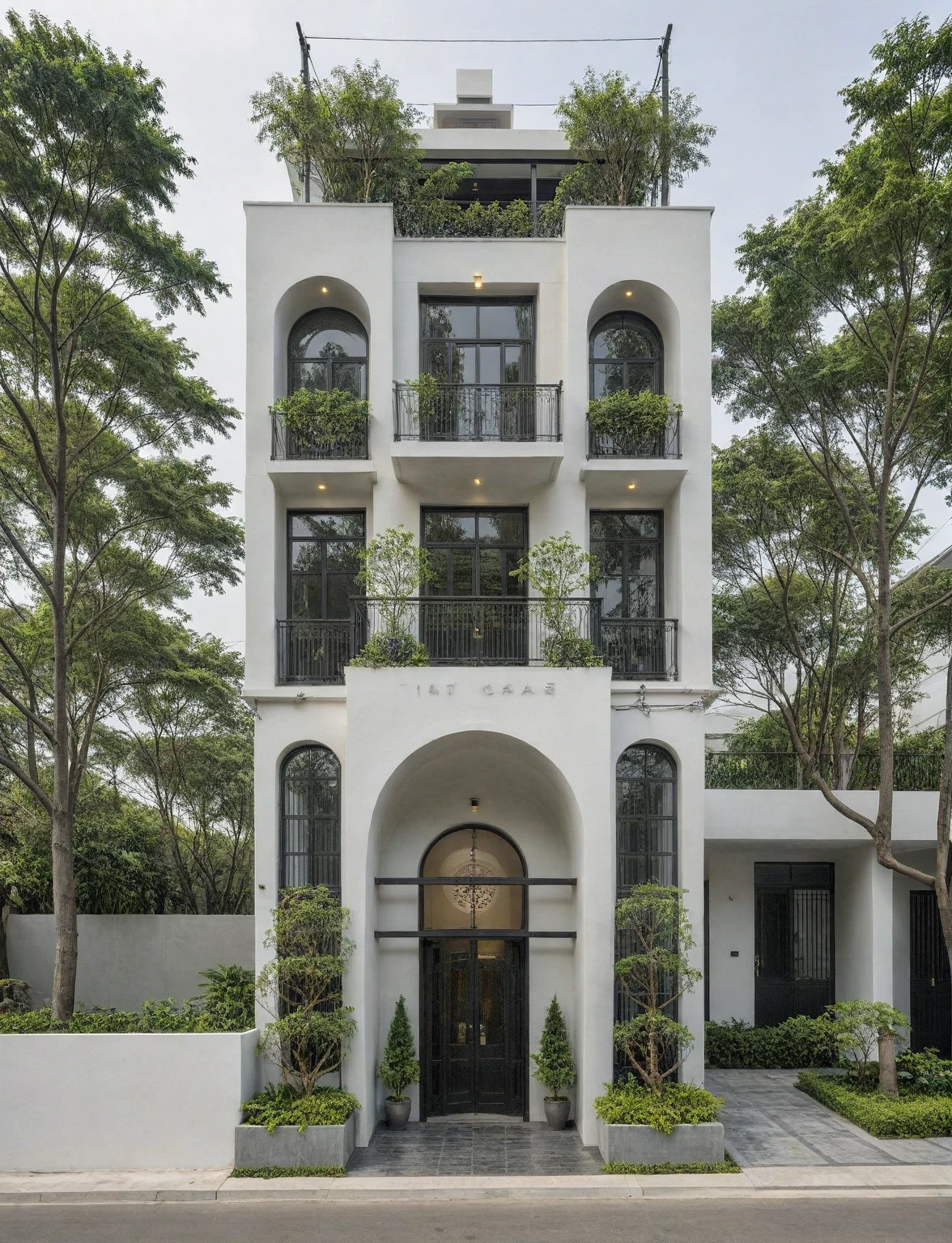 RAW photo, a photo of a modern house, (curvilinear chrchitecture:1.4), Wabisabi style rounded wall, white wall, steel dark gate, sidewalk, sidewalk trees, ((grey gate:1.2)), road, viet nam modern residence, ((architectural shot)), rough white wall, new residential area, wide angle exterior 2022, contemporary house, exterior photography, masterpiece, contemporary architecture, overcast, indirect lighting