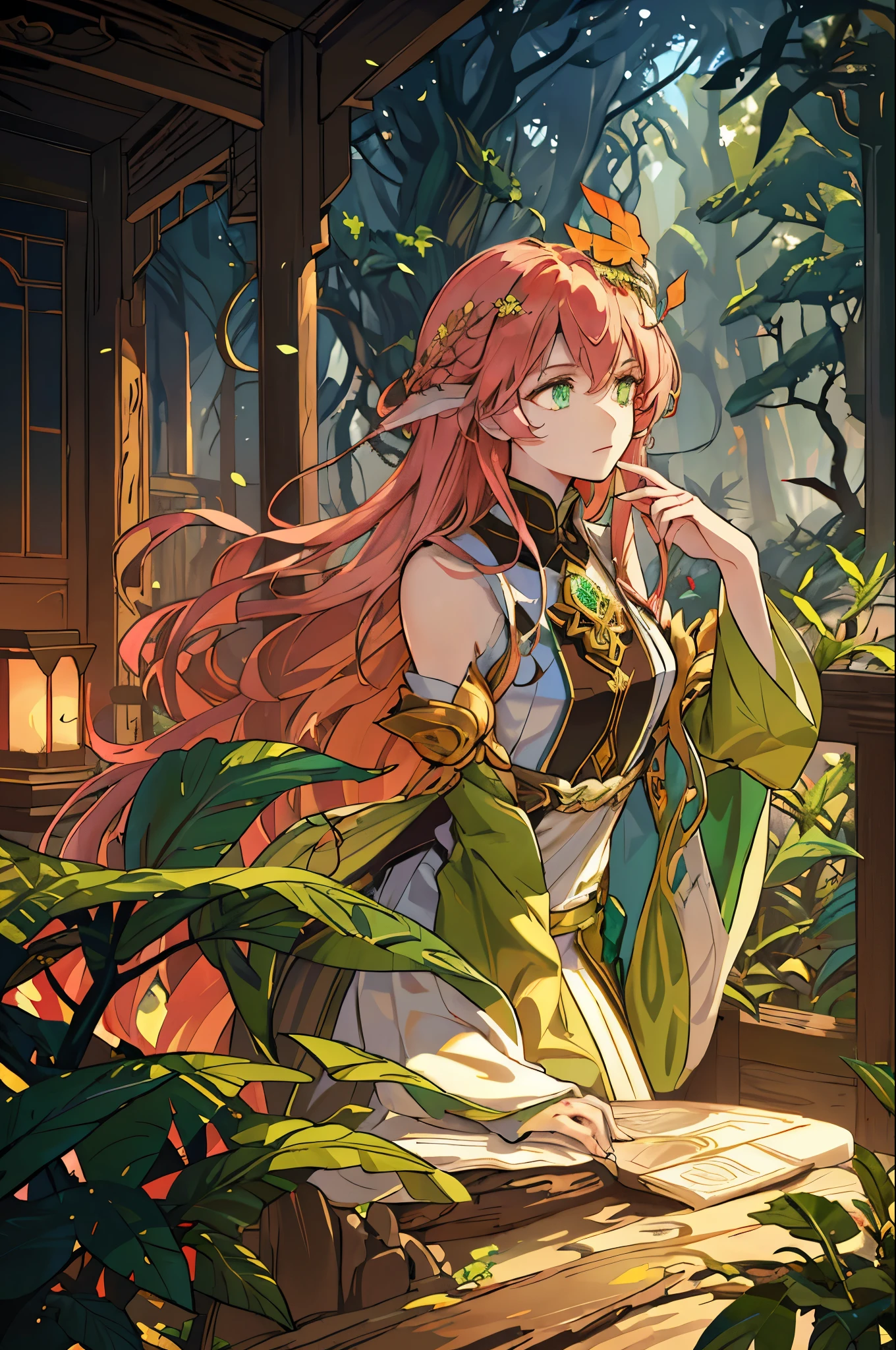 Name: Sakurae Kage
Element: VERDANTHIA
Description: The Shrouded Bloom, guardian of the enchanted forest. A calming and resilient spirit, she protects her verdant domain with unwavering devotion.
Prompt: ((((Artisans work, exquisite craftsmanship, ultra-high resolution)))), 1girl, serene, sitting, (pinkish-green hair with leaves, petals in hair:1), long wavy hair, (youthful yet matured complexion), ((emerald eyes)), ((glowing_eyes)), (((ultra detailed eyes:0.8, beautiful and detailed face, detailed eyes:0.9))), ((quarter turn to left, slightly tilted head)), (close up), interior, garden, ((defined subject)), 23 years old, (((graceful))), (((earthy tones))), (((high saturation))), ((natural lighting)), (((emblem on chest: Verdanthia's leaf crest)))