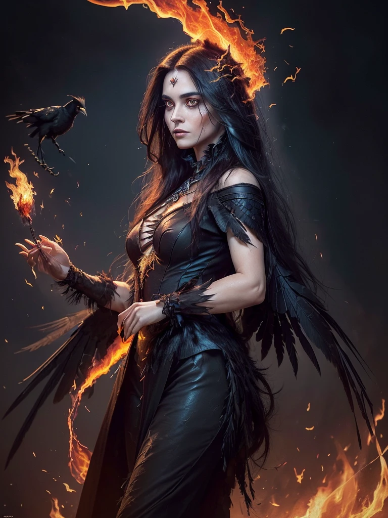 (masterpiece), best quality, (masterpiece), best quality,
A mystical realistic photograph of a (woman with a ((crow on her arm))), the (((woman has long blowing hair)), dark hair and dark surroundings... the (crow glows) its ((feathers seem to be made of fire)),
The ((crow appears to be made of fire)), lighting up the woman and her surroundings