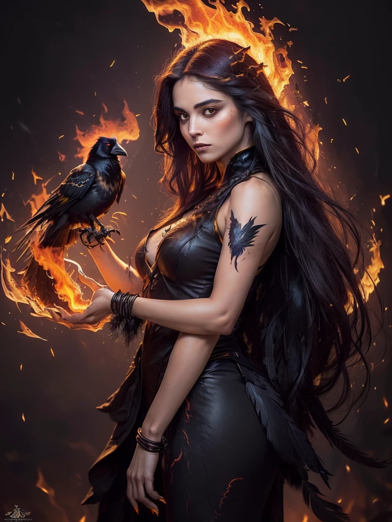 (masterpiece), best quality, (masterpiece), best quality,
A mystical realistic photograph of a (woman with a ((crow on her arm))), the (((woman has long blowing hair)), dark hair and dark surroundings... the (crow glows) its ((feathers seem to be made of fire)),
The ((crow appears to be made of fire)), lighting up the woman and her surroundings