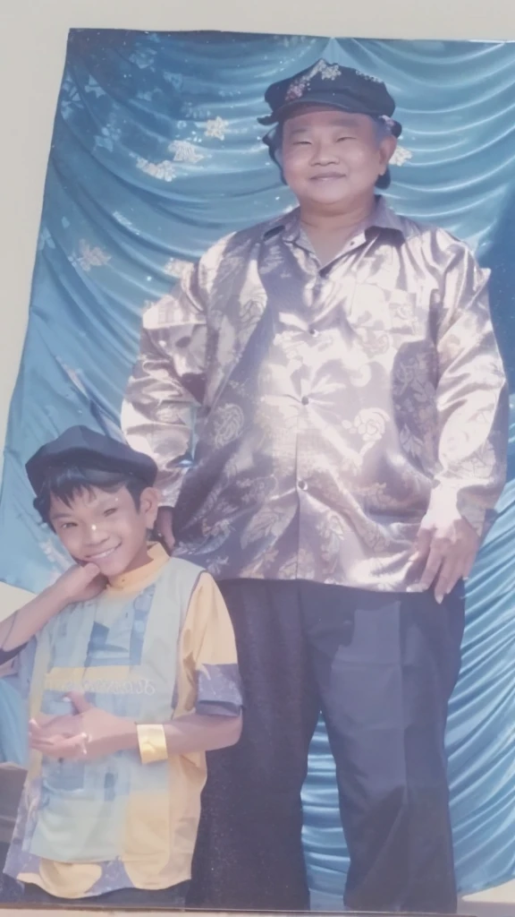 portrait of a middle-aged man wearing a golden batik shirt with a black cap, standing with a boy