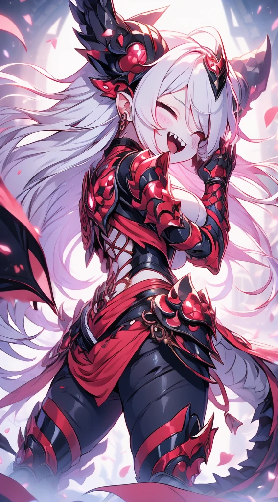 Dragon Girl，a knight girl，Dragon Horn，龙wing，armor，armor，Breastplate，Arm Guard，wing，白色wing，白色龙wing，Tail，龙Tail，巨龙Tail，白色Tail，White hair，Long hair，horn，Fangs，Laughing，Maniac，Sassy，Tights，Leather pants，shorts，Big Ass，Big breasts，Big butt，Big breasts，full，background，奇幻background，街道background，Close-up above the waist