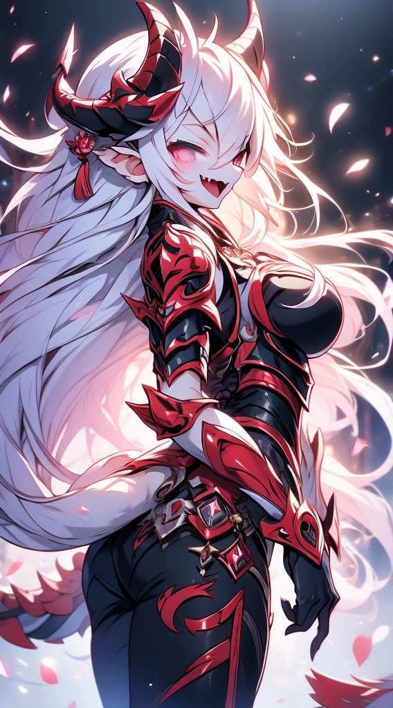 Dragon Girl，a knight girl，Dragon Horn，龙wing，armor，armor，Breastplate，Arm Guard，wing，白色wing，白色龙wing，Tail，龙Tail，巨龙Tail，白色Tail，White hair，Long hair，horn，Fangs，Laughing，Maniac，Sassy，Tights，Leather pants，shorts，Big Ass，Big breasts，Big butt，Big breasts，full，background，奇幻background，街道background，Close-up above the waist