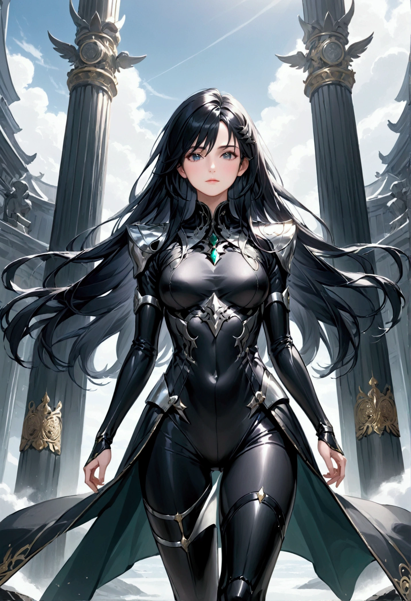 Mature Girl with long black hair with silver highlight, dark onyx eyes,tall rectangular body figure, military clothes