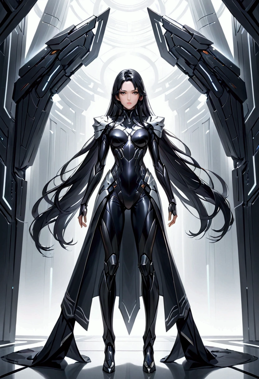 Woman alone, European woman, 8k, absurd res, ((wide eyes: 1.4)), flawless face, (crisp black deco style formal business clothing), 1woman, alone, natural body, full body image, 8k, masterpiece, highly detailed, (detailed golden eyes), expressive detailed eyes, pale skin, ((symmetrical eyes)), detailed pupils, realistic skin, some freckles, realistic skin texture, ((small chest: 1.3)), analog style, (chin length hair), ((dark hair: 1.5)), deco cyberpunk setting, entire head and body image, ((her entire head and body must be in view)), perfect anatomy, anatomically correct, ((pale skin)), ((wearing flat boots: 1.3)) ((black blouse)), ((black pants)), (jacket), ((deco-futuristic, cyberpunk))