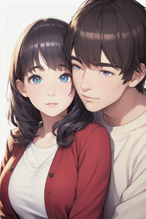 man and girl,Character design sheet,Beautiful attention to detail,Beautiful lip detail,Very detailed目と顔,Long eyelashes,Realistic,photoRealistic:1.37,Very detailed,Professional,Vibrant colors,Studio Lighting,Sharp focus,Physically Based Rendering,High resolution,超High resolution. blue eyes,Big eyes， Long Hair，Curly hair、Black Hair，Red cheeks，Droopy eyeid-chest，Jacket，Red cardigan，White T-shirt，White long skirt，hugging