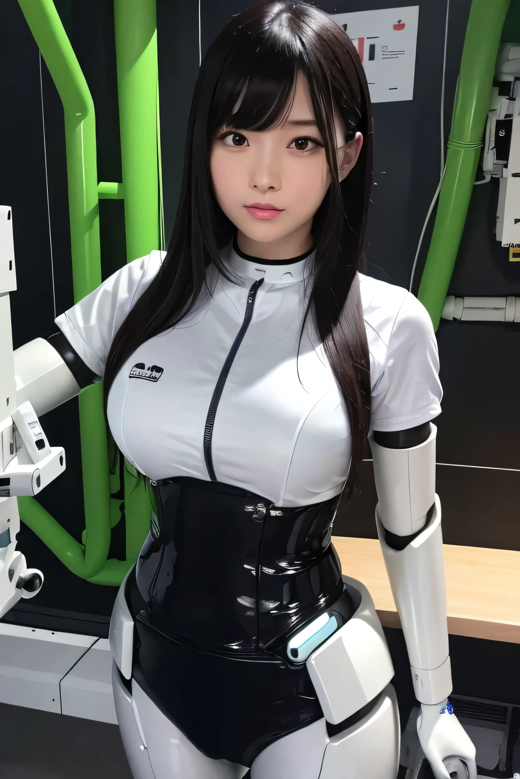 masterpiece, best quality, extremely detailed, Japaese android girl,Plump , control panels,android,Droid,Mechanical Hand, Robot arms and legs, Black hair,Blunt bangs,perfect robot girl,long tube,thick cable connected her neck,android,robot,humanoid,cyborg,japanese cyborg girl ,robot-assembly plant,She is assembling now,assembly scene