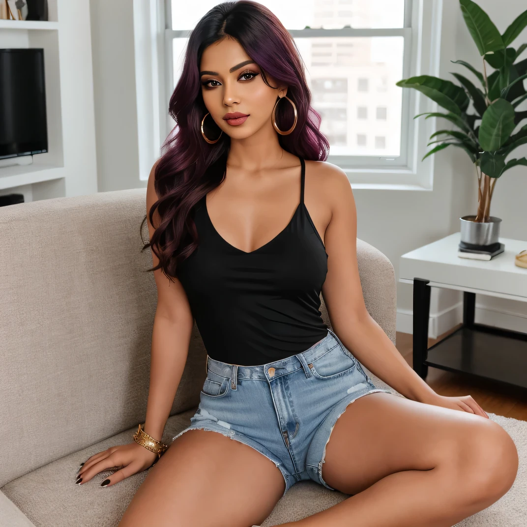 Create an ultra-realistic image of a modern, attractive female influencer of Indian descent, aged between 27 to 30. She should have a warm and inviting smile, expressive almond-shaped eyes with a slight shimmer, and clear, glowing skin with a medium brown complexion. Her features should be well-defined, with high cheekbones and a sharp jawline. Her hair should be long, thick, and wavy, with a deep, reddish-purple hue that’s bold yet sophisticated, styled in loose waves. She should have a slender yet athletic build, reflecting a healthy and active lifestyle.
She is wearing a Berry Red Cotton V-Neck T-Shirt that highlights her significantly increased bust size, designed with a large plunging V-neck that reveals a significant portion of her chest. The t-shirt has a relaxed fit, made from soft, lightweight cotton fabric that drapes gracefully. She pairs this with blue tight jeans that complement her curves and increase her butt size. Her outfit is completed with stylish black heeled sandals that add elegance to her look. She accessorizes with subtle yet chic jewelry, such as small hoop earrings and a few thin bangles.
The background should be a vibrant living space with berry red accents, a chic couch, and large windows letting in plenty of light, suggesting a cosmopolitan lifestyle. Her overall appearance should exude confidence, approachability, and sophistication, capturing the essence of a contemporary Indian fashion influencer.