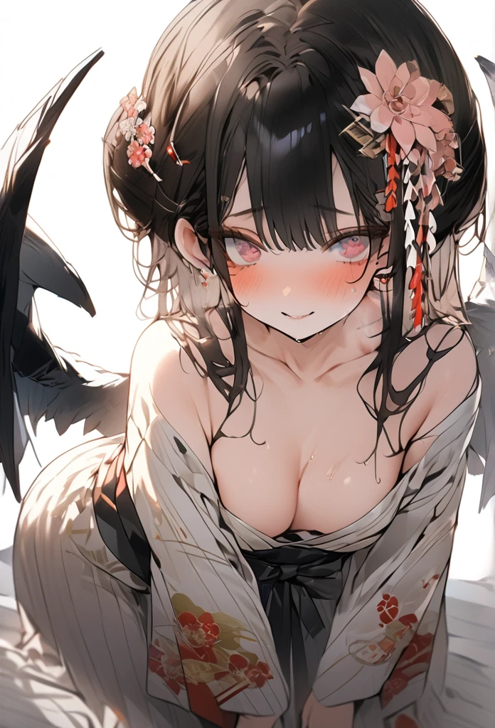 Full body, beautiful bosom, wearing a slightly revealing floral yukata, beautiful glossy black obi, masterpiece, hot and languid expression, slightly sweaty, 8K quality, black hair, hair down in front, hair back in a bun, flower hair ornament, cute round eyes with a pair of beady eyes like in a Japanese anime.