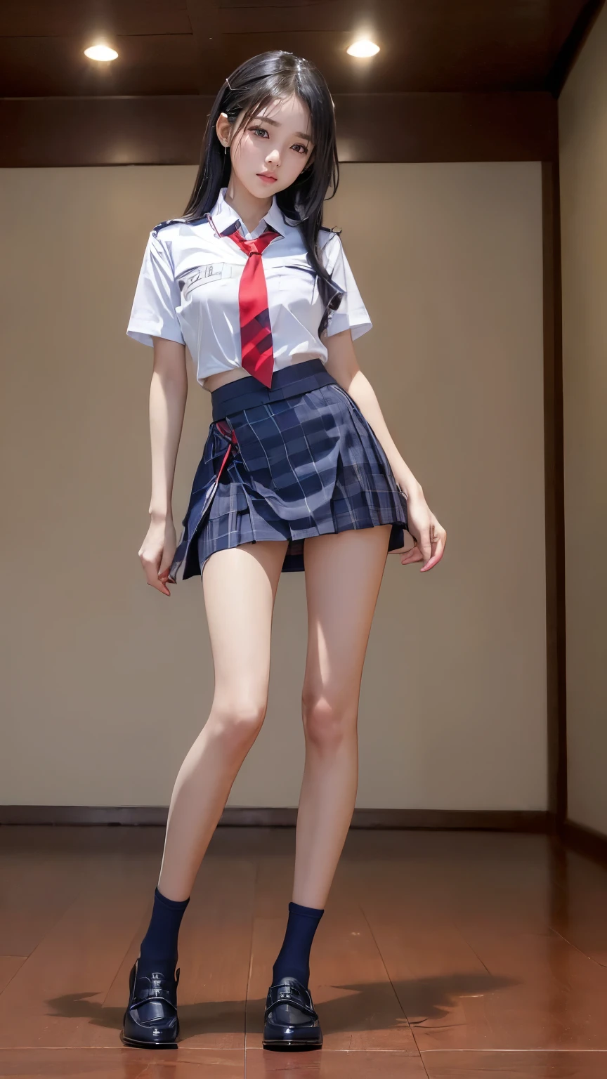 ((masterpiece)),(((最high quality))),(((((Full body shot of a girl taken from the floor:1.7))))),((Photograph the whole body from knee height:1.6)),((((((脚を揃えてPlease stand up straight:1.9)))))),((Thin thighs:1.3)),((Long legs:1.4)),(((Girl standing in a school classroom:1.7))),(((Micro Mini Skirt Uniform:1.6))),((スリムなModel body type:1.8)),((Japan in summer uniform:1.8)),((Wearing a red tie:1.5)),(Wearing a white shirt with short sleeves:1.3),Her erect nipples are clearly visible under her clothes.,(Navy blue checked micro mini skirt:1.7),(:1.3),bangs,A small smile,((cute女の子)),Slender girl,Black Loafers,(((short white socks up to the ankles,:1.2))),cute,The thighs below the groin are slim and firm,cute,Black hair ponytail,Thin legs,スリムなModel body type,Very small waist,Small hips,Long thighs,Thin thighs,Thin hands,Long hands,((((Full body from belowを撮影する:1.5)))),(((((k-popのIVEのWONYOUNGにそっくりの女の子:1.9))))),((Turn your whole body straight ahead:1.8)),((expensive:1.4)),(Stand with your legs straight without bending your knees:1.7),((Please stand up straight:1.7)),((turn your hips forward:1.7)),The ankles are super thin,beauty,Fine skin,Firm Skin,引き締まったThin legsの肌を細部までリアルに再現,Very detailed, Attention to detail,high quality,Awards,High resolution,(Anatomically correct:1.3),(8k,RAW Photos,最high quality,masterpiece:1.5),(((Photographing a girl'Full body from below))),(((She is taking a picture with three other girls from her class.:1.5))),3人ともスリムでcute,Height 173cm,((脚を揃えてPlease stand up straight:1.7)),((脚を揃えてPlease stand up straight:1.7)),((脚を揃えてPlease stand up straight:1.5)),((脚を揃えてPlease stand up straight:1.7)),(((Keep your back straight:1.8))),((Look forward:1.2)),9頭身beauty,Model body type,((Inseam is half the height:1.3)),Thin thighs,((k-popのIVEのWONYOUNGにそっくりの女の子:1.5)),Tiny and slim waist