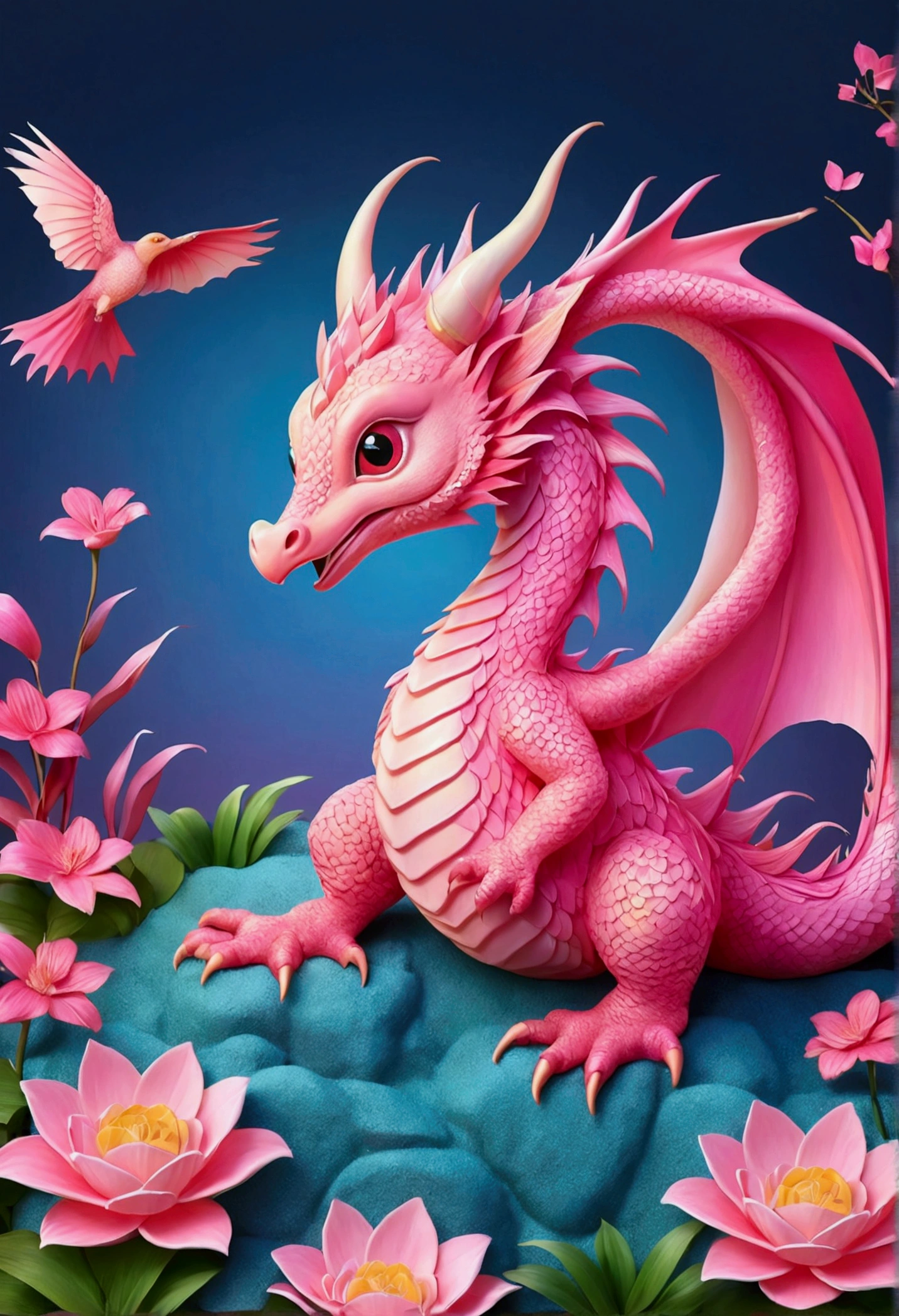 Highest quality, masterpiece, (ground:1.5), Cute pink gradient Asian dragon, A pink bird with kind eyes, Heart pattern, ground, landscape, plant, Isoscale, Beautiful concept art