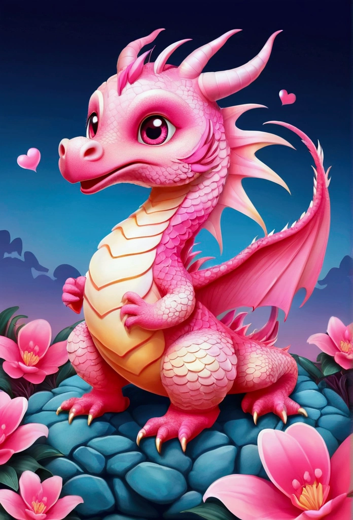 Highest quality, masterpiece, (ground:1.5), Cute pink gradient Asian dragon, A pink bird with kind eyes, Heart pattern, ground, landscape, plant, Isoscale, Beautiful concept art