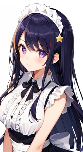 One Girl, (Ultra_detailed), (Written boundary depth), like , gloves, Mouth closed, Long Hair, star (symbol), View your audience, (Rainbow Hair ), Purple eyes, Upper Body, hair ornaments, :p, Frills, Maid dress, smile, Sleeveless, Maid, symbol pupils, fringe, star pupils, Maid caffe, Roaring years, Isoscale, From above, null, flower, cliff, Center of chest, (Folded), (With low-cut top), Maid, city, Tokyo、Long black hair、Big Breasts