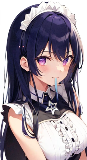 One Girl, (Ultra_detailed), (Written boundary depth), like , gloves, Mouth closed, Long Hair, star (symbol), View your audience, (Rainbow Hair ), Purple eyes, Upper Body, hair ornaments, :p, Frills, Maid dress, smile, Sleeveless, Maid, symbol pupils, fringe, star pupils, Maid caffe, Roaring years, Isoscale, From above, null, flower, cliff, Center of chest, (Folded), (With low-cut top), Maid, city, Tokyo、Long black hair、Big Breasts