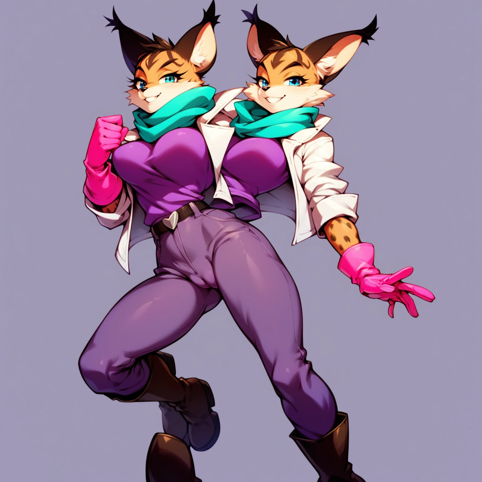 score_9, score_8_up, score_7_up, score_6_up, score_5_up, score_4_up, source_furry, Miyu-PonyXL, 1girl, solo, (white jacket, pink gloves, purple shirt, purple open pants, boots, teal scarf), thin hips, sexy female shapes, big breasts, sexy rounded butt, open bottomwear, deep cameltoe, smiling, happy