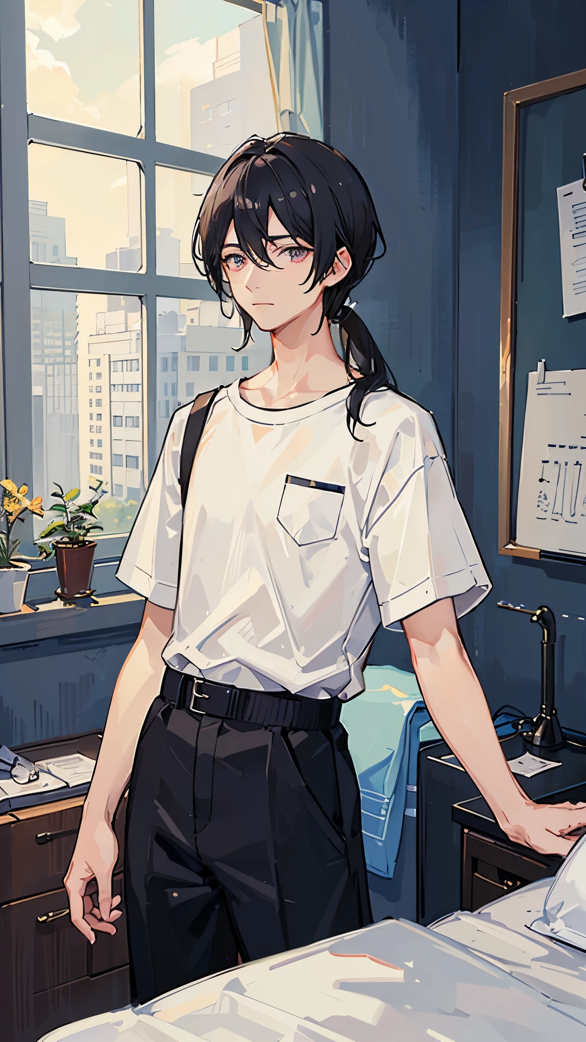 (Highest quality)), ((masterpiece)), (detailed),The background is the bedroom、Doctor in the examination room、Cardiac surgeon、A man around 35 years old、A man with waist-length black hair tied back、Wearing a white T-shirt,Eye color is a calm blue、Location: Hospital