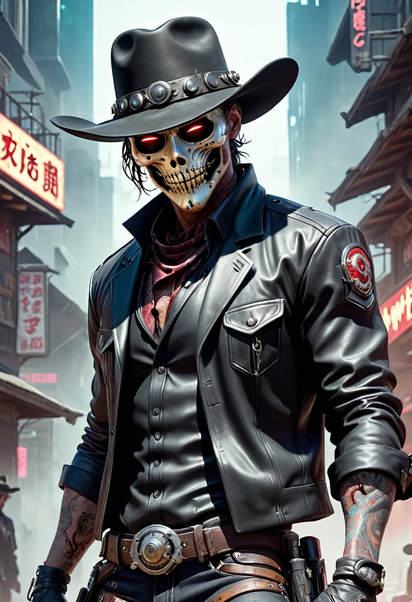 sh4g0d style cyberpunk western cowboy，(corpse mask:1.2),(Strong dynamic stance:1.5)，(struggle:1.3)，(Blood)，Strong，His expression was very firm.， 8K, Extremely detailed, precise, best quality