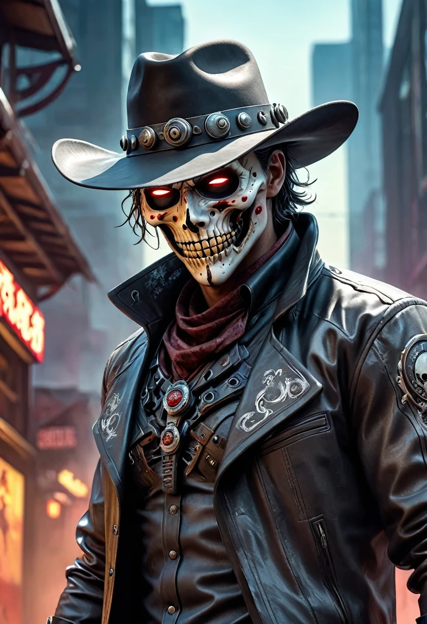 sh4g0d style cyberpunk western cowboy，(corpse mask:1.2),(Strong dynamic stance:1.5)，(struggle:1.3)，(Blood)，Strong，His expression was very firm.， 8K, Extremely detailed, precise, best quality